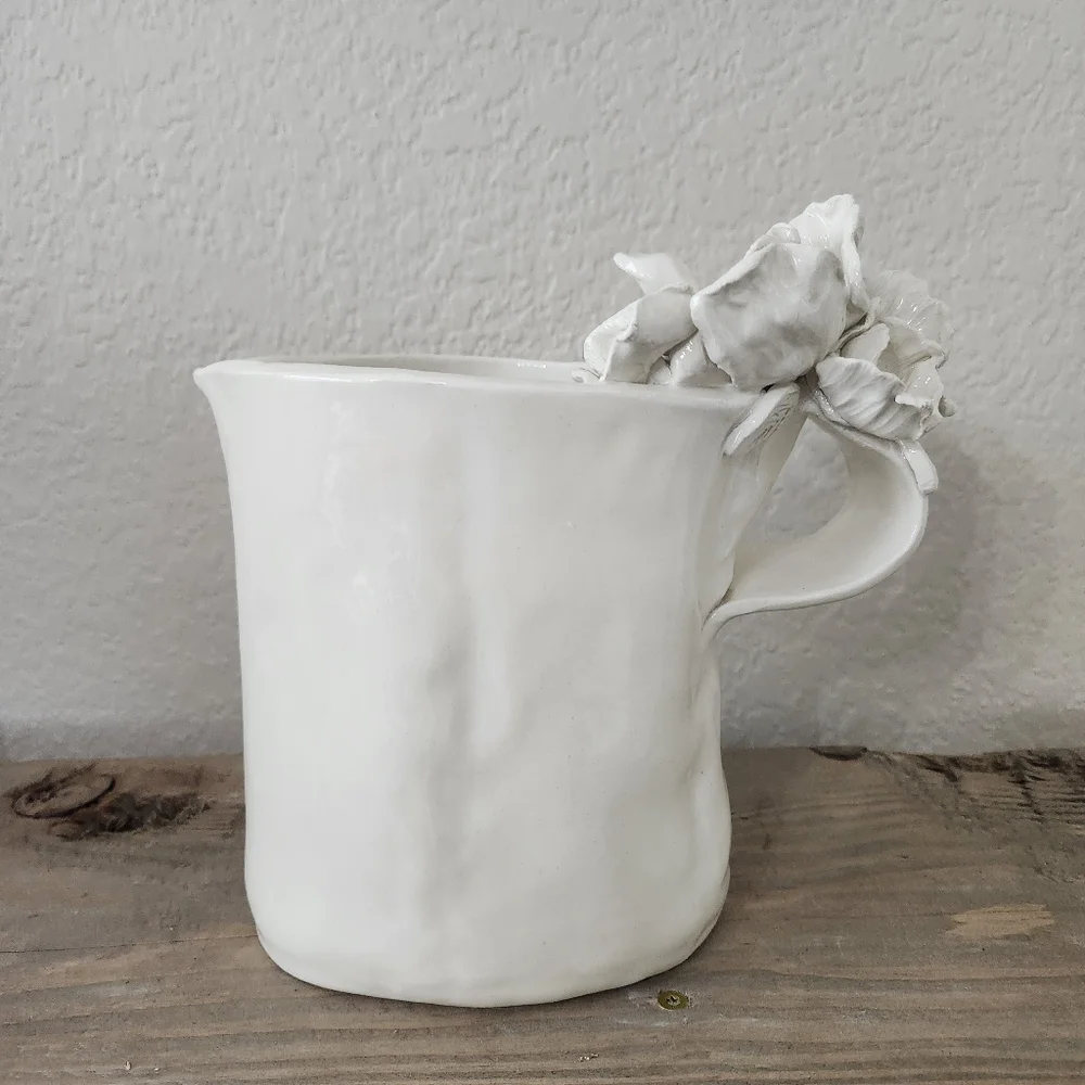 Vintage Handmade White Bird Flower  Delicate Ceramic Pitcher Vase